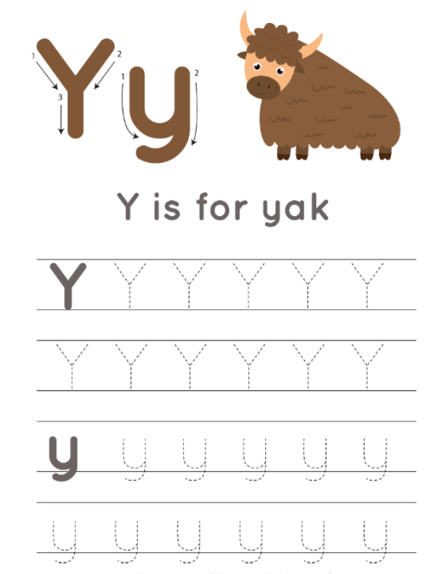 Letter Y Alphabet Tracing Worksheet With Animal Illustration
